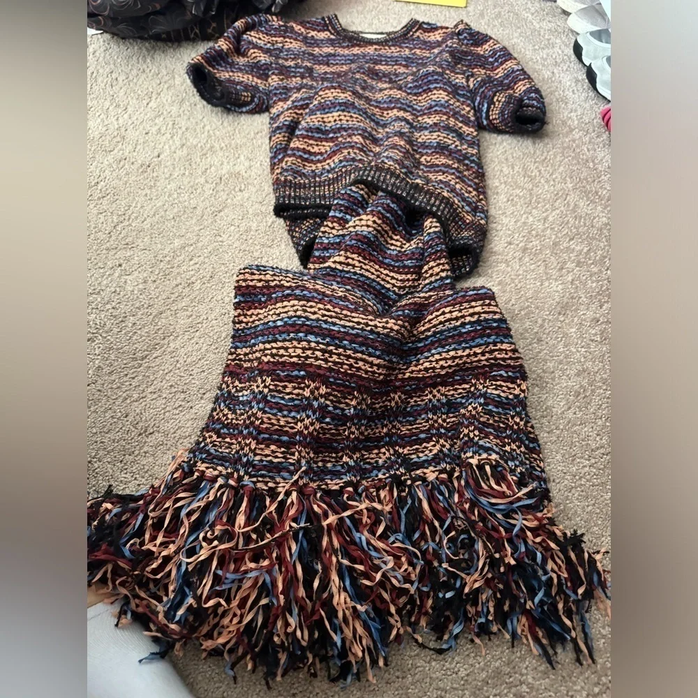 Ulla Johnson-SET Multicolored Stripe Shortsleeve Top and Matching Fringe Skirt